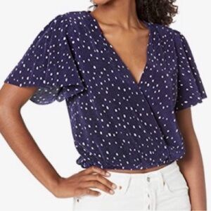 Astr Navy and White Polka Dot Flutter Sleeve Crop Top